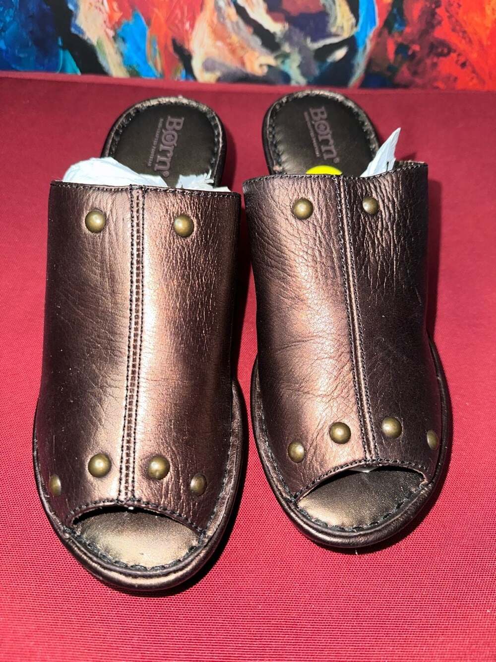 No.82 Born Metallic Bronze Studded Leather Peep Toe Platform Slide Sandals